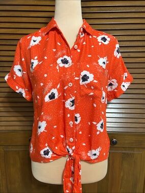 Harper Heritage Orange Poppy Print Tie Front Crop Top Blouse Size S